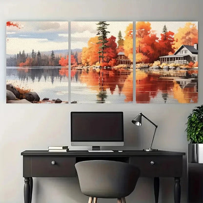 3pcs Autumn Cozy Cabin on The Lake Landscape Metal Print Ready to Hang Art