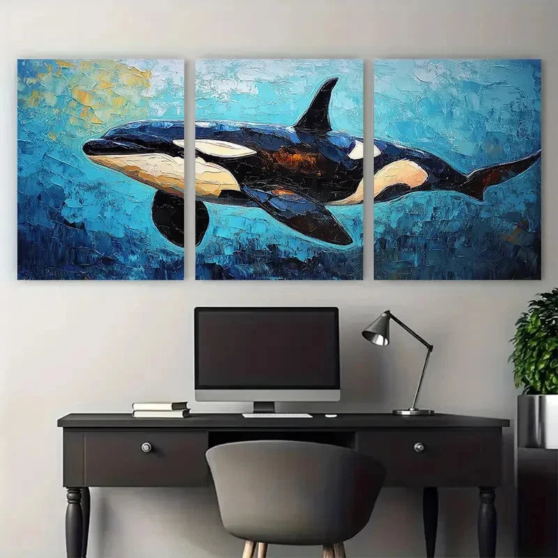 3pcs Orca Animal Whale Impasto Design Metal Print Ready to Hang Art