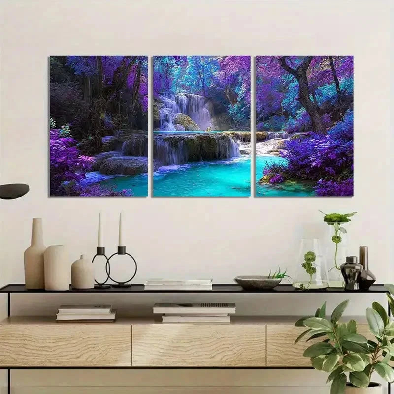 3pcs Enchanting Waterfall in Purple-Blue Forest Metal Print Ready to Hang Art