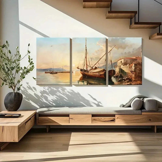3pcs Maritime Scene Coastal Village Wooden Boat Metal Print Ready to Hang Art