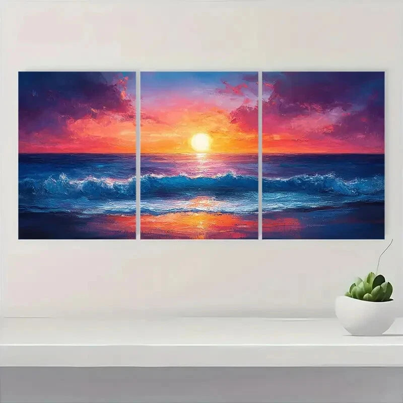 3pcs Vibrant Abstract Seascape & Fiery Sky Metal Print Ready to Hang Art