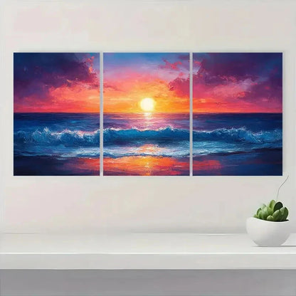 3pcs Vibrant Abstract Seascape & Fiery Sky Metal Print Ready to Hang Art
