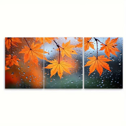 3pcs Autumn Rainfall Orange Maple Leaves Metal Print Ready to Hang Art