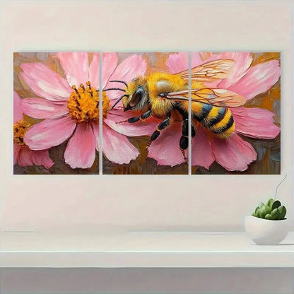 3pcs Vibrant Honeybee and Pink Flower Impasto Metal Print Ready to Hang Art