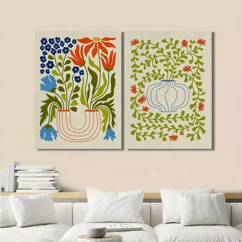 2pcs Decorative Painting, Potted Plants, Retro Abstract Canvas Framed 50x75cm - High Quality Print 100% Australian Made Wall Canvas Ready to Hang