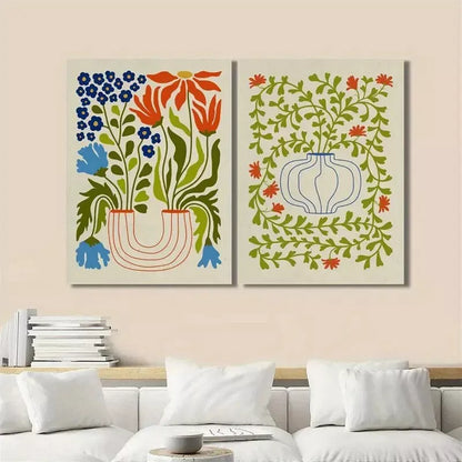 2pcs Decorative Painting, Potted Plants, Retro Abstract Canvas Framed 50x75cm - High Quality Print 100% Australian Made Wall Canvas Ready to Hang