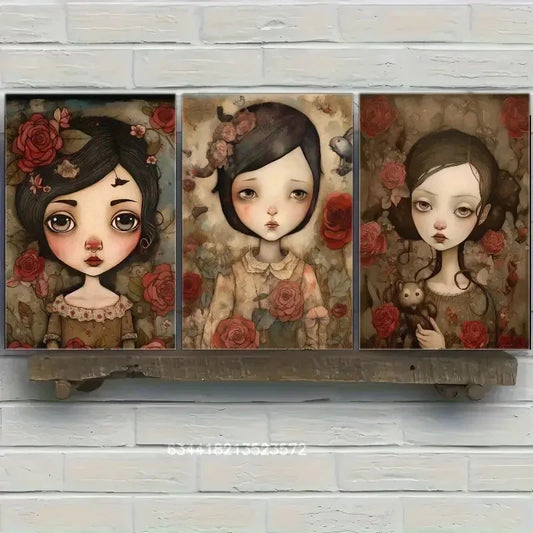 3pcs Roses Portrait Art Posters Vintage wall art Metal Print Ready to Hang Art