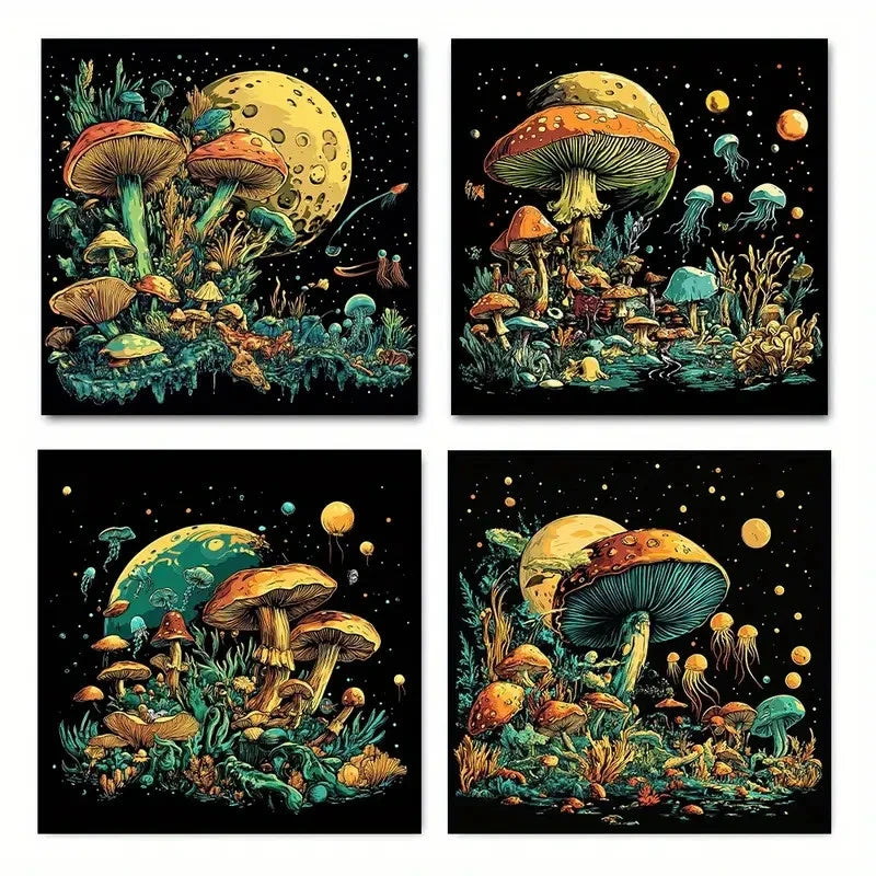 4pcs Jellyfish & Moon Design,Wall Art Canvas Framed
