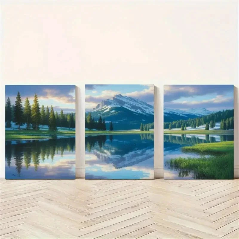 3pcs Mountains Pine Trees Lake Reflection Metal Print Ready to Hang Art