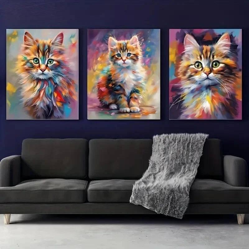 3pcs Colorful Oil Painting Kittens in Playful Pose Metal Print Ready to Hang Art