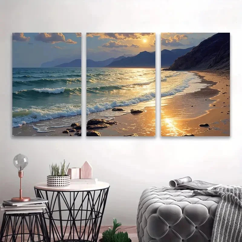 3pcs Golden Sunset Over Ocean Waves Beach Scene Wall Art Set Canvas Framed 40x60cm - High Quality Print 100% Australian Made Wall Canvas Ready to Hang