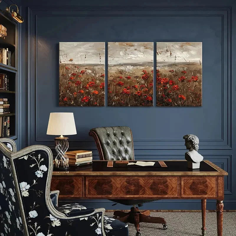 3pcs Abstract Landscape Art Red Poppies Metal Print Ready to Hang Art