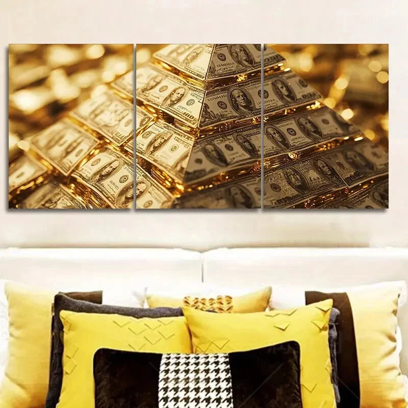 3pcs Golden Miniature Pyramid Golden Metal Print Ready to Hang Art