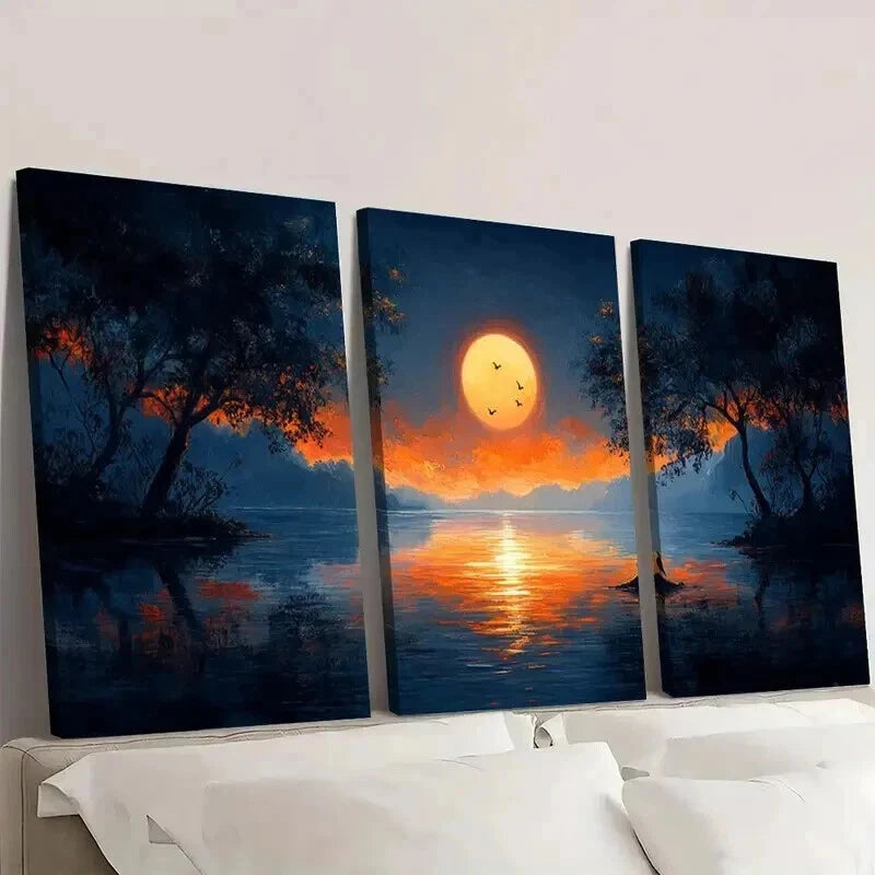 3pcs Sunset Serene Lake & Tree Silhouette Wall Art Set Canvas Framed 40x60cm - High Quality Print 100% Australian Made Wall Canvas Ready to Hang