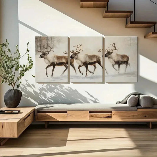 3pcs Winter Reindeer Art Snowy Landscape Metal Print Ready to Hang Art