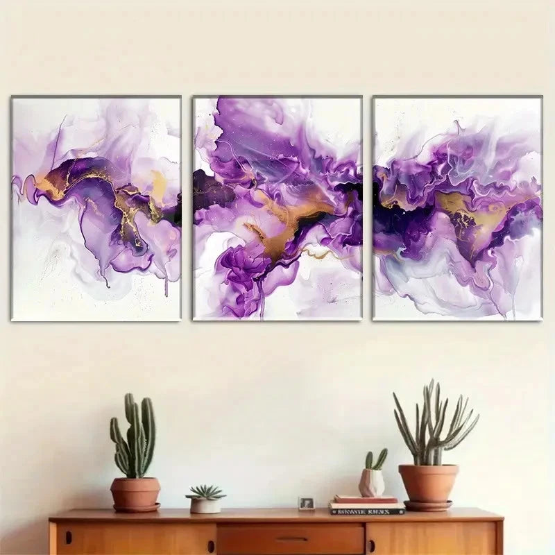 3pcs Purple And Golden Abstract Painting Metal Print Ready to Hang Art