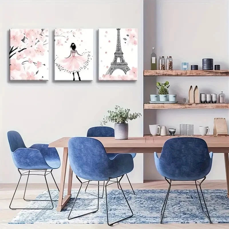 3pcs Parisian Elegance & Cherry Blossom Metal Print Ready to Hang Art