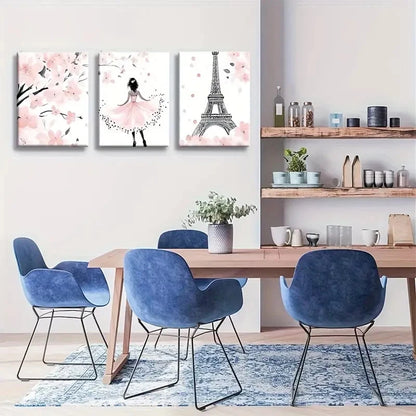3pcs Parisian Elegance & Cherry Blossom Metal Print Ready to Hang Art