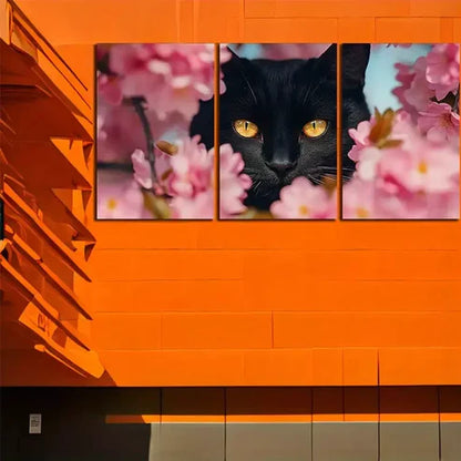 3pcs Black Cat with Amber Eyes Triptych Canvas Framed 60x90cm - High Quality Print 100% Australian Made Wall Canvas Ready to Hang