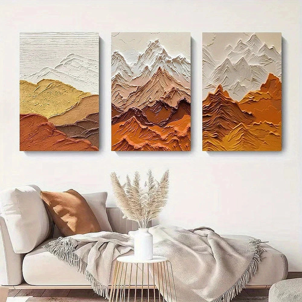 3pcs Abstract Mountain Earth Tone Geometric Metal Print Ready to Hang Art