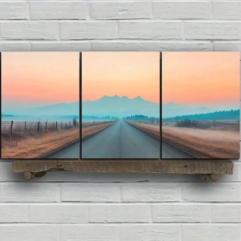 3pcs The Road Under Sunset Glow Metal Print Ready to Hang Art