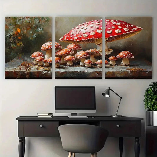 3pcs Nature Still Life False Parasol Mushrooms Metal Print Ready to Hang Art