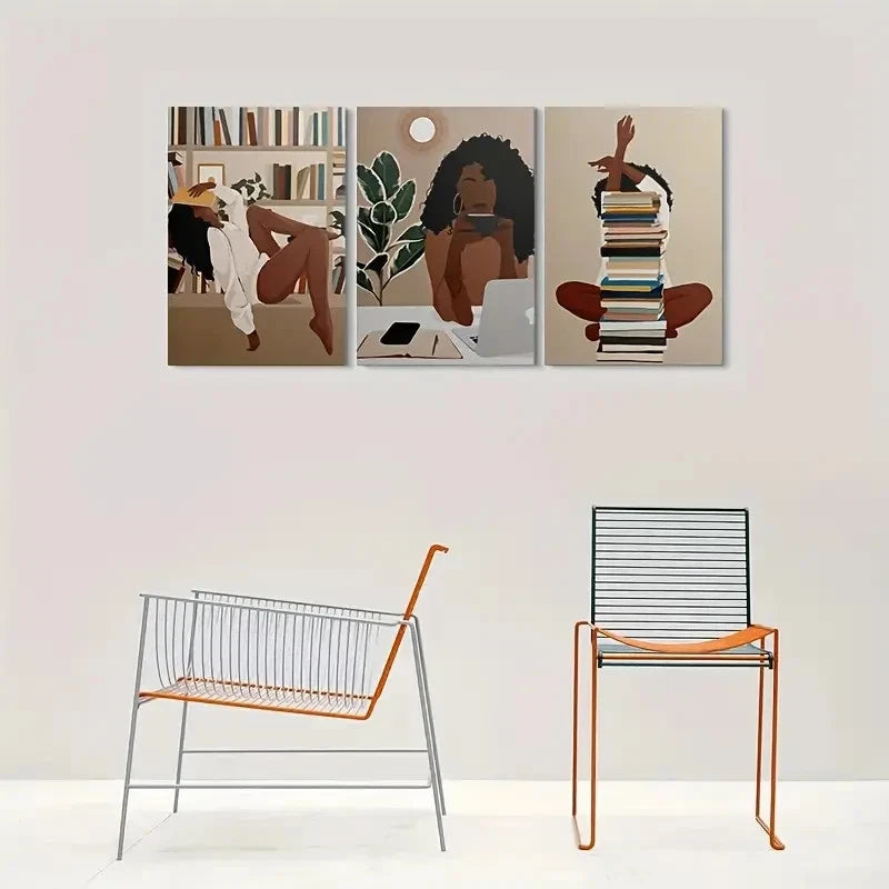 3pcs African American Woman Reading Books Metal Print Ready to Hang Art