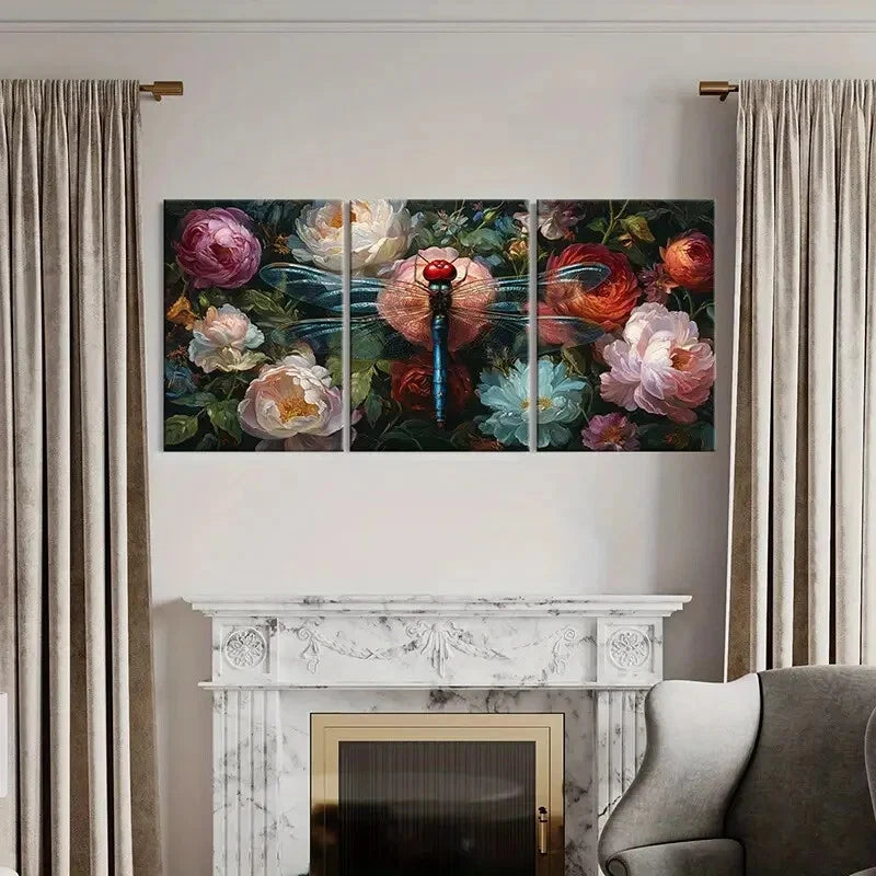 3pcs Vibrant Artistic Dragonfly Floral Garden Metal Print Ready to Hang Art