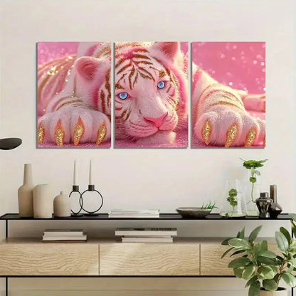 3pcs Cute White Tiger in Pink Background Metal Print Ready to Hang Art