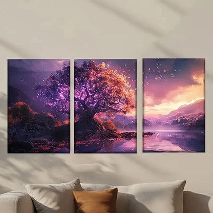 3pcs Tree with a Purple Sky and a Lake Wall Art Set Canvas Framed 40x60cm - High Quality Print 100% Australian Made Wall Canvas Ready to Hang
