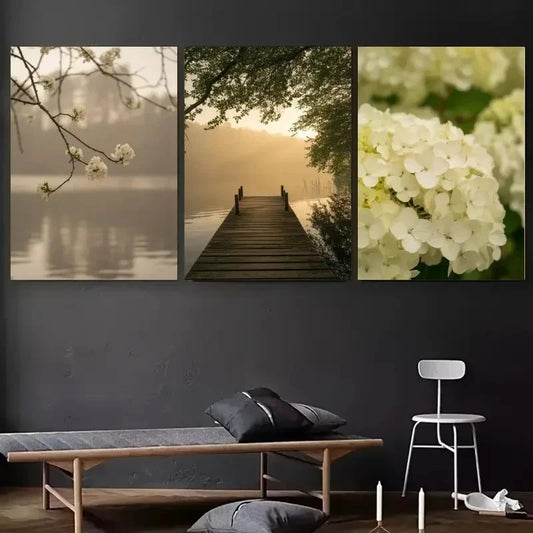 3pcs Cherry Blossom Wooden Pier Hydrangea Metal Print Ready to Hang Art