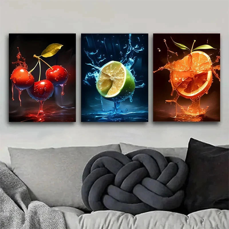 3pcs Vibrant Fruit Splash Cherry & Orange Design Metal Print Ready to Hang Art