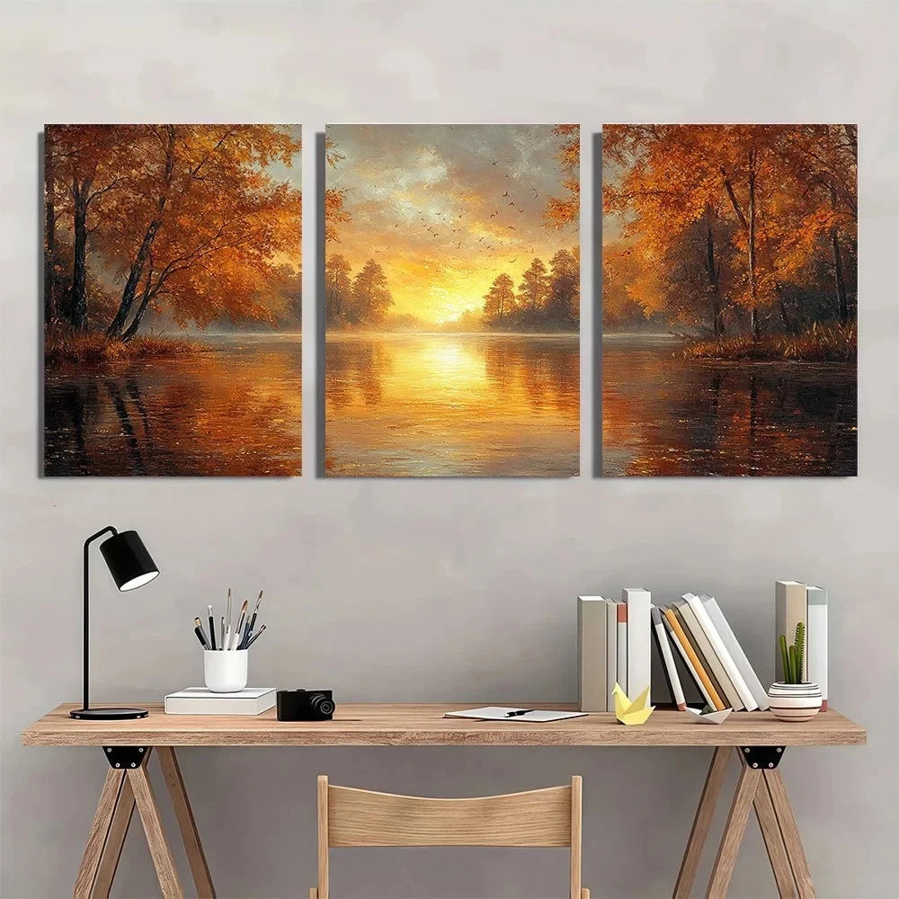 3pcs River Sunset Trees Scenery Metal Print Ready to Hang Art