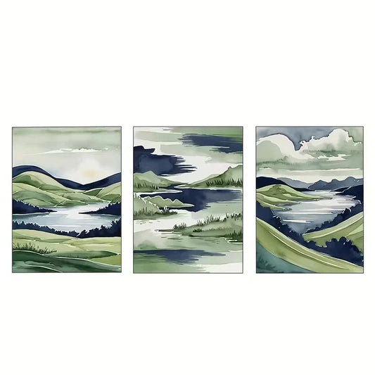 3pcs Blue and Green Abstract Landscape  Wall Art Set Canvas Framed 60x90cm - High Quality Print 100% Australian Made Wall Canvas Ready to Hang