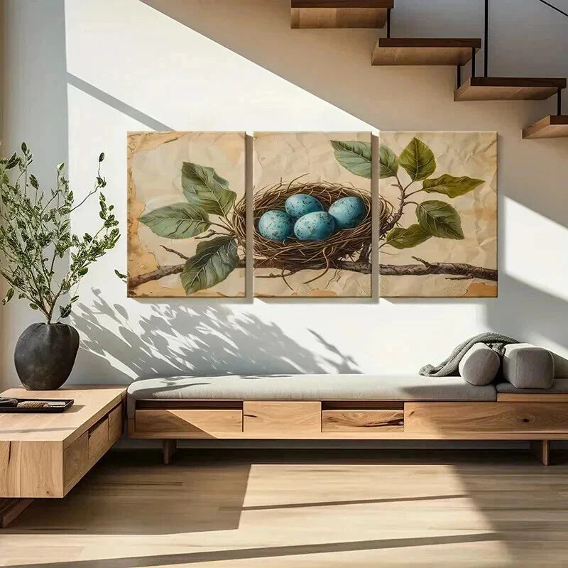 3pcs Bird's Nest Blue Eggs Green Leaves Wall Art Set Canvas Framed 40x60cm - High Quality Print 100% Australian Made Wall Canvas Ready to Hang
