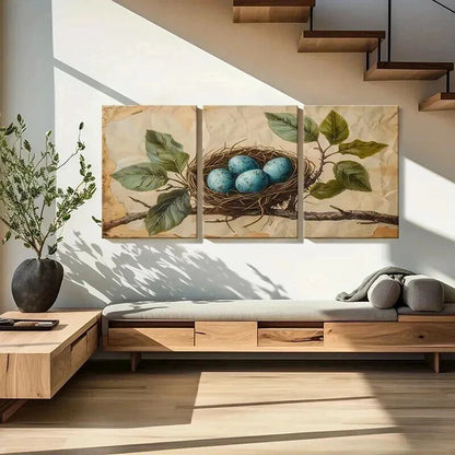 3pcs Bird's Nest Blue Eggs Green Leaves Wall Art Set Canvas Framed 40x60cm - High Quality Print 100% Australian Made Wall Canvas Ready to Hang