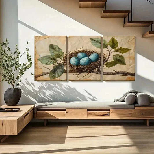 3pcs Bird's Nest Blue Eggs Green Leaves Wall Art Set Canvas Framed 40x60cm - High Quality Print 100% Australian Made Wall Canvas Ready to Hang