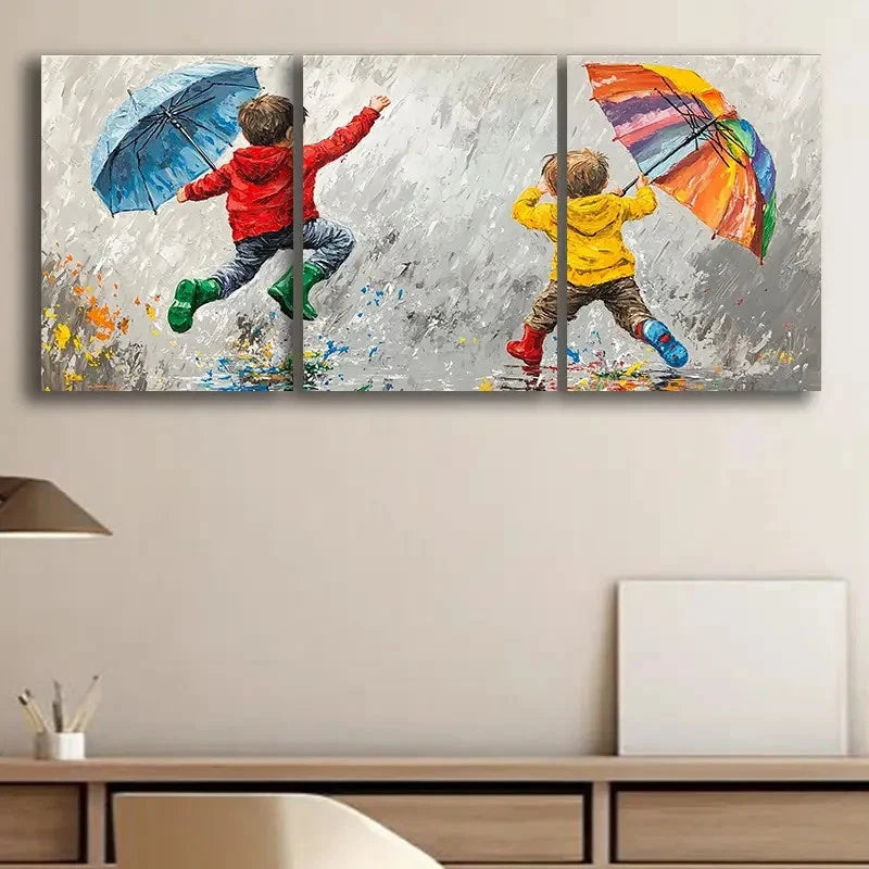 3pcs Playing on Rainy Day Scene Wall Art Set Canvas Framed 40x60cm - High Quality Print 100% Australian Made Wall Canvas Ready to Hang