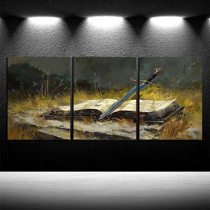 3pcs Slender Sword & Book Design, Lush Green Grass Metal Print Ready to Hang Art