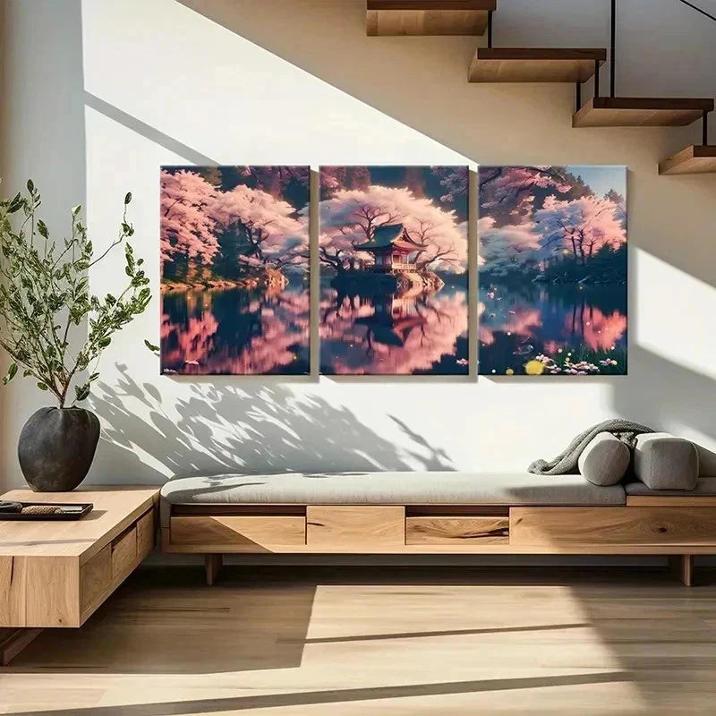 3pcs Japanese Sakura Lake Modern Wall Art Set Canvas Framed 40x60cm - High Quality Print 100% Australian Made Wall Canvas Ready to Hang