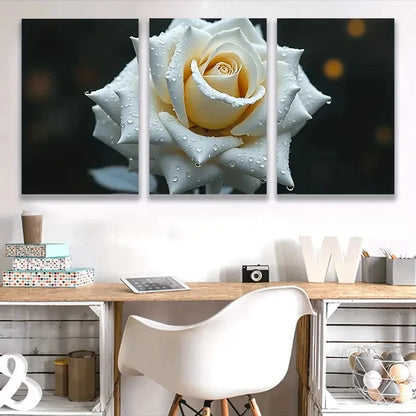 3pcs White Roses & Water Drops Triptych Wall Art Set Canvas Framed 40x60cm - High Quality Print 100% Australian Made Wall Canvas Ready to Hang