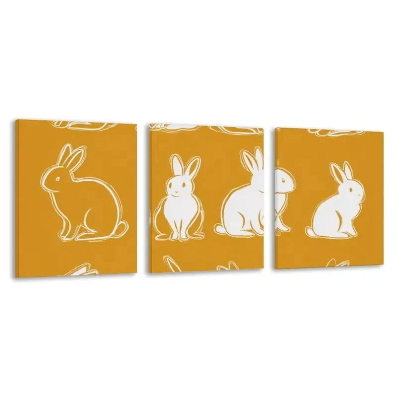 3pcs White Rabbits on Amber Background Wall Art Set Canvas Framed 40x60cm - High Quality Print 100% Australian Made Wall Canvas Ready to Hang
