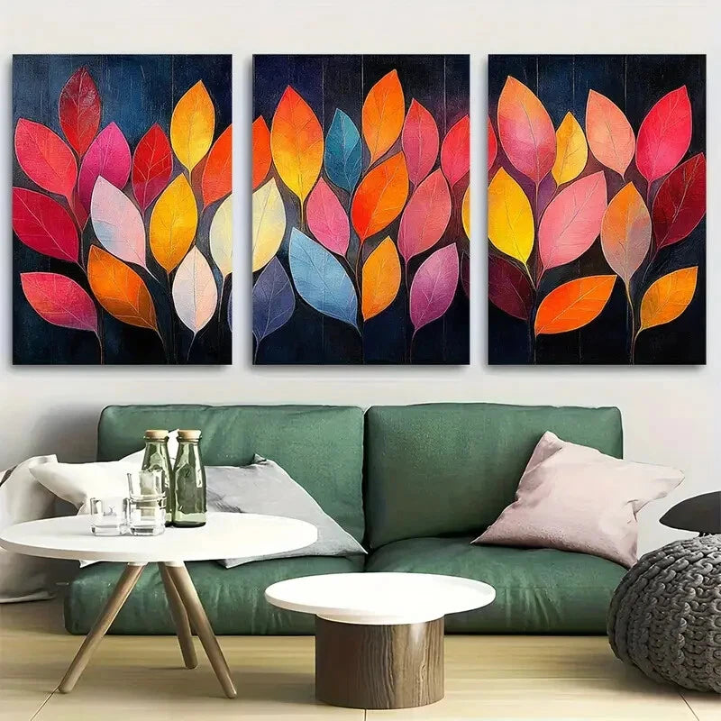 3pcs Vibrant Whimsical Leaf Pattern Metal Print Ready to Hang Art