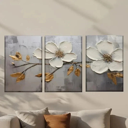3pcs White Flower with Golden Leaves Wall Art Set Canvas Framed 40x60cm - High Quality Print 100% Australian Made Wall Canvas Ready to Hang