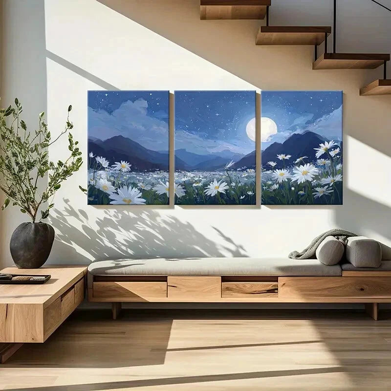 3pcs Serene Daisy Field & Mountain View Full Moon Metal Print Ready to Hang Art