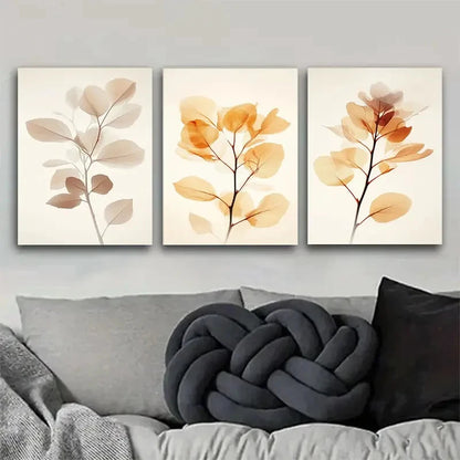 3pcs Decorative Soft-Toned Plant Leaves Metal Print Ready to Hang Art