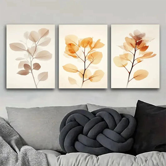 3pcs Decorative Soft-Toned Plant Leaves Metal Print Ready to Hang Art