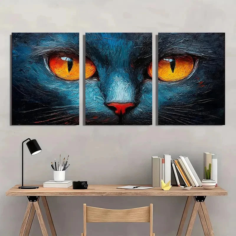 3pcs Abstract Cats Painting Orange Eyes Wall Art Set Canvas Framed 50x70cm - High Quality Print 100% Australian Made Wall Canvas Ready to Hang