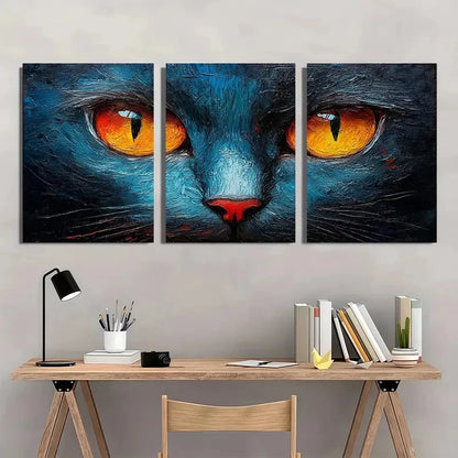 3pcs Abstract Cats Painting Orange Eyes Wall Art Set Canvas Framed 50x70cm - High Quality Print 100% Australian Made Wall Canvas Ready to Hang