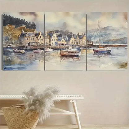 3pcs Campbeltown Lochside Town, Houses & Boats Wall Art Set Canvas Unframed - High Quality Print 100% Australian Made Wall Canvas